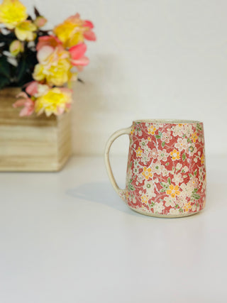 Red Floral mug with clear glazed handle