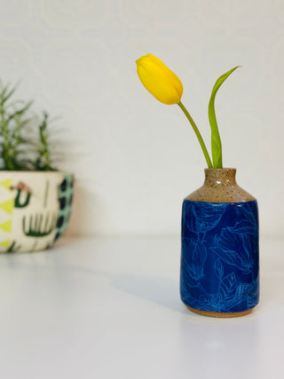 Bud Vase - Blue with floral birds