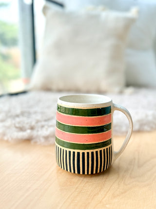 18 oz pink/green/black striped mug