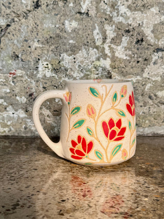 Red and pink Magnolia in cotton