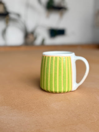 18oz green and chartreuse Striped mug with blue glaze