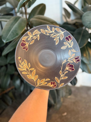 Serving bowl with Eggplant floral and Charcoal glaze